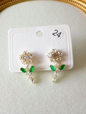 New 14K Gold Plated Floral Drop Earrings with Green/Clear CZ's